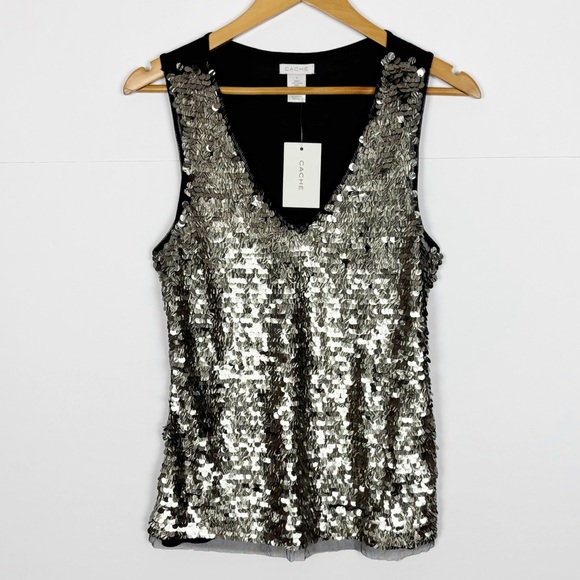 Cache Top Women’s Size Medium Sequin Embellished V Neck Sleeveless Black Party - Picture 6 of 6
